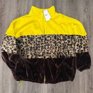 UGG Women’s Colorblock Faux Fur Jacket Yellow Leopard Brown Full Zip NWT
